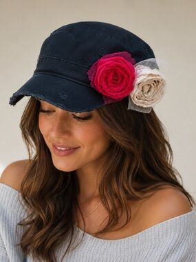 DISTRESSED FLORAL CADET HAT | Boho Romantic Military Cap | Cottagecore Indie